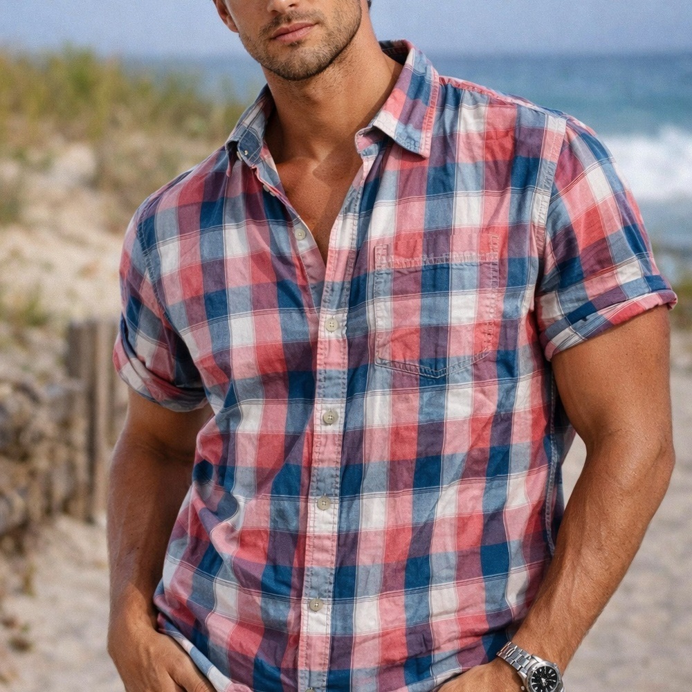 L.L. Bean Men's Casual Plaid Shirt - dark pink, Blue, and White Mens xL reg